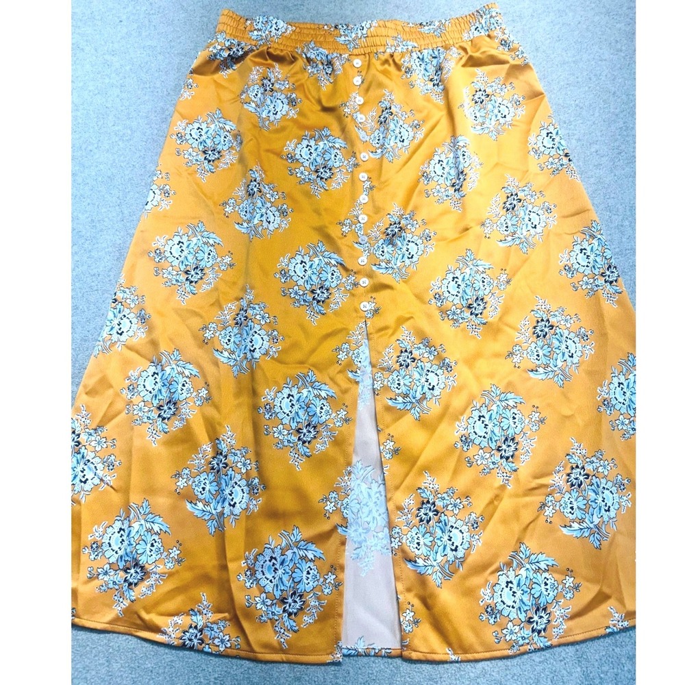 LOFT Outlet Petite Medium Yellow Blue Floral Midi Skirt Button Front Women Flowy